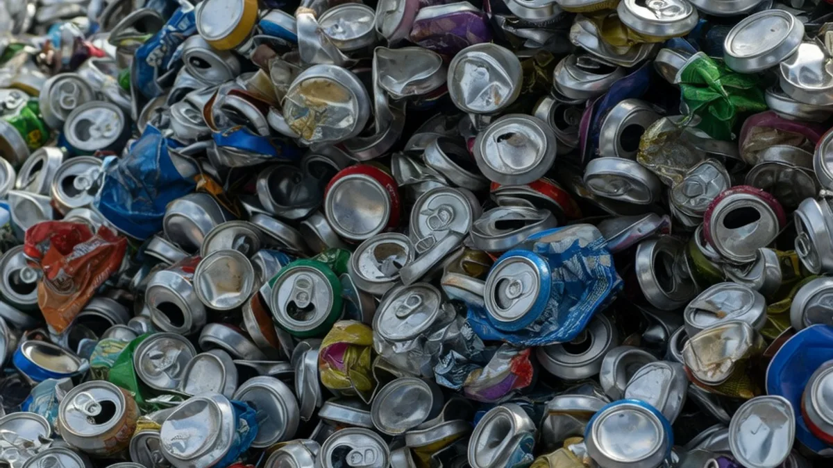 A large pile of crushed aluminum beverage cans ready for recycling.