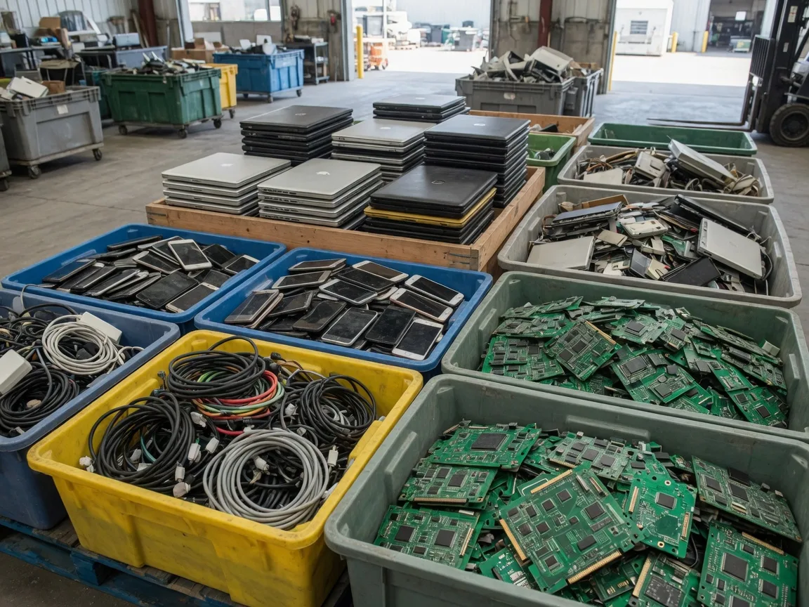 Sorted electronics at an e-waste recycling facility: bins of laptops, coiled cables, smartphones, and green circuit boards staged for material recovery.