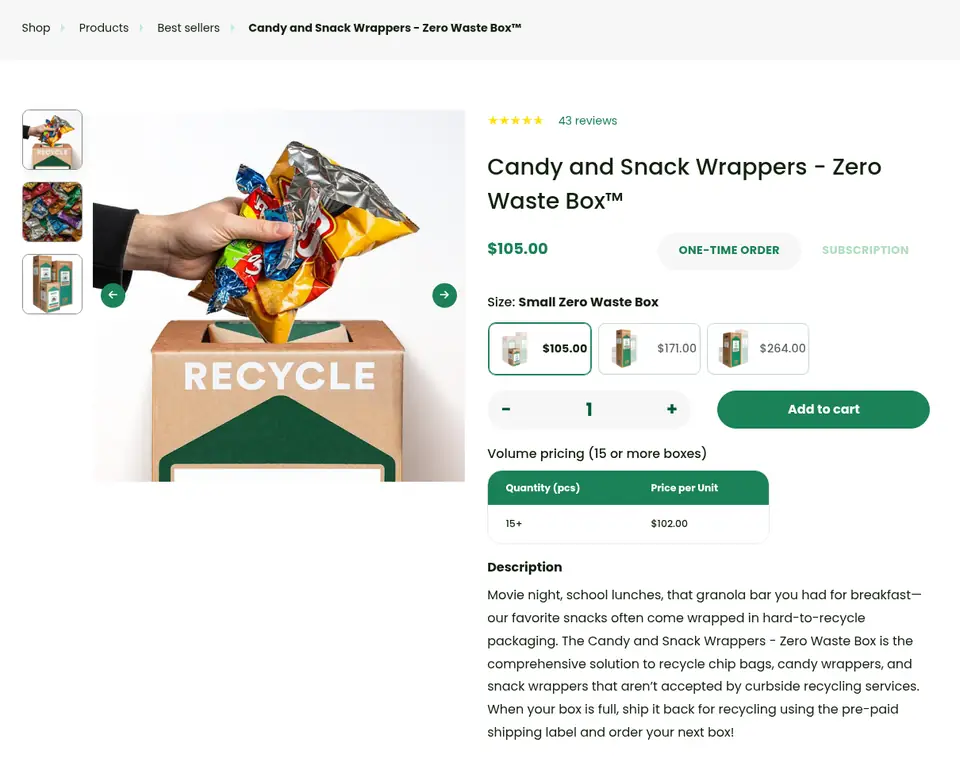 TerraCycle product page for the Candy and Snack Wrappers Zero Waste Box, showing $105, $171 and $264 sizes and a $102 price for 15 or more boxes