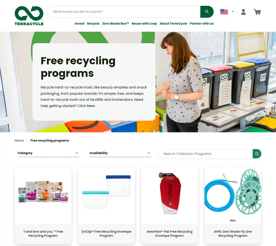 TerraCycle's free recycling programs page with category and availability filters and a grid of brand-sponsored programs
