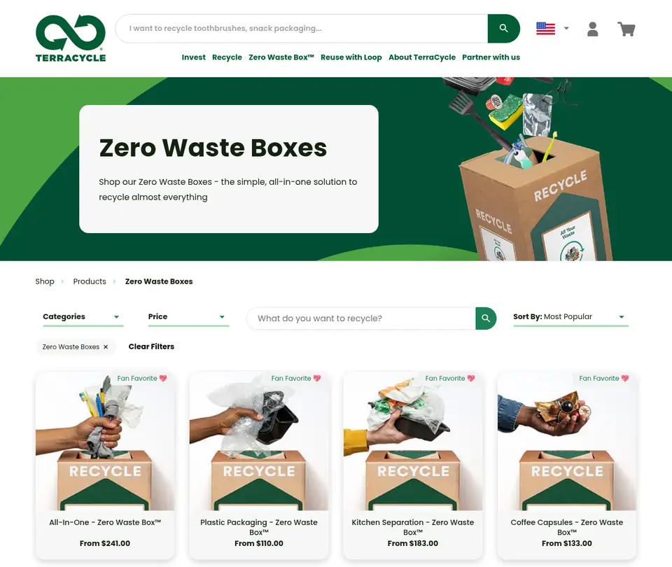 TerraCycle's US shop page for Zero Waste Boxes, showing the All-In-One box from $241, Plastic Packaging from $110, Kitchen Separation from $183 and Coffee Capsules from $133