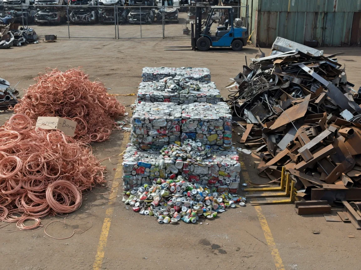 Sorted scrap metal at a recycling yard: a pile of bright stripped copper wire, baled aluminum cans, and a pile of steel, ready to sell by grade.